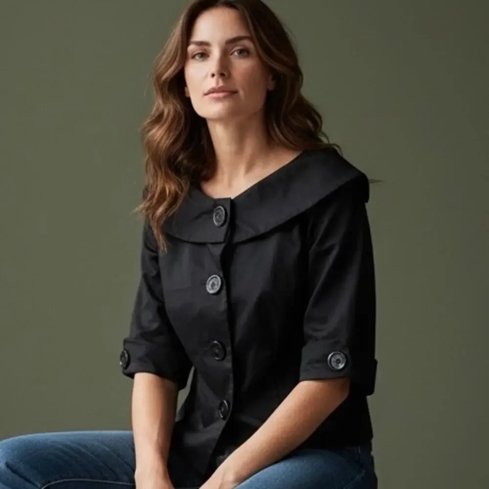 Vintage Black Portrait Collar Cropped Short Sleeve Jacket Blazer Zebra Lined SZ6 - Picture 2 of 13